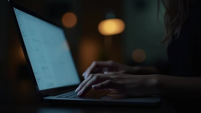 Female hands is typing on a laptop at night. Blurred lights on the background