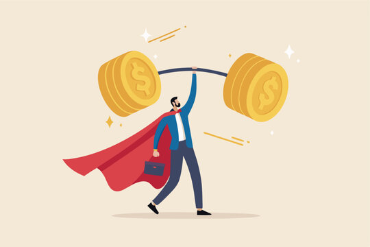 Investment professional or financial literacy, investing expert or wealth manager, effort to earn more money or fund profit concept, confidence businessman superhero lift up heavy money coins weight.