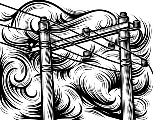 SVG showing natural disasters impacting power infrastructure and energy supply. Abstract Black and White Illustration of Electric Poles and Wind