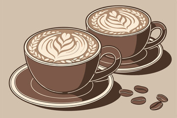 142 ceramic coffee cups with intricate latte art, realistic detailed illustration, warm tones, light reflections, high contrast, photorealistic, 8k resolution