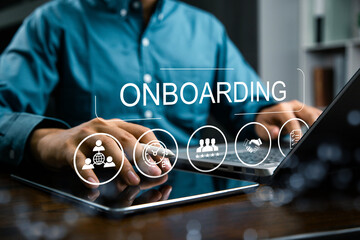Onboarding concept. Businessman touching new employee welcome icon for HR business industry, training new employees to know how the organization works., welcome, knowledge, and skills