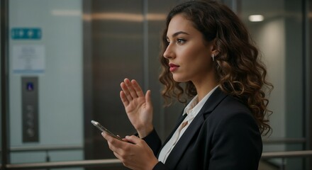 Venezuelan businesswoman talking on the phone in a modern elevator with a confident demeanor
