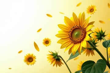 Fototapeta premium Numerous sunflower seeds in dynamic flight, set against a clean white , dispersal, background