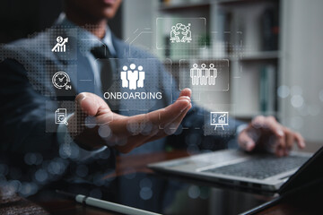 Onboarding concept. Businessman touching new employee welcome icon for HR business industry, training new employees to know how the organization works., welcome, knowledge, and skills