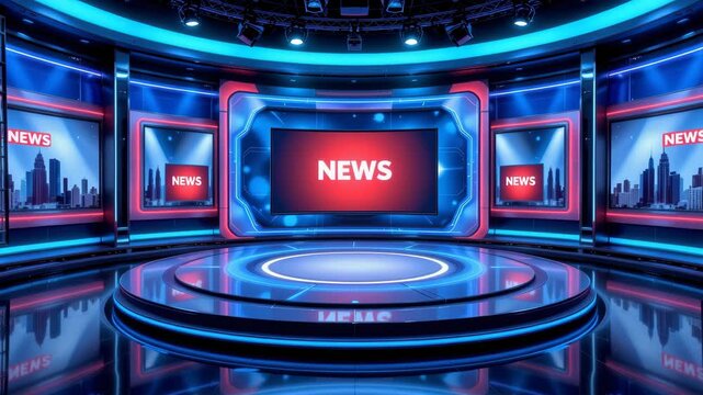 A modern, high-tech news studio set with bright lights and digital screens displaying the word "NEWS."
