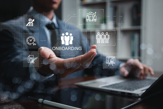 Onboarding concept. Businessman touching new employee welcome icon for HR business industry, training new employees to know how the organization works., welcome, knowledge, and skills