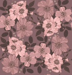 Colored mocha mousse pattern of rose flowers and leaves, repeating pattern, artistic like wallpaper.	