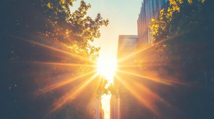 Golden Hour Cityscape: Sunbeams Through Urban Trees