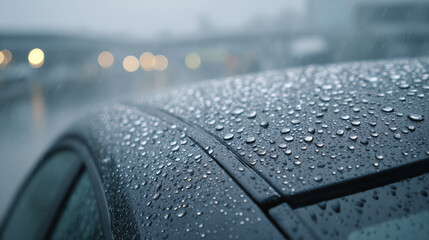 close up view of rain covered car roof, showcasing droplets glistening in soft light of rainy day, evokes sense of calm and tranquility