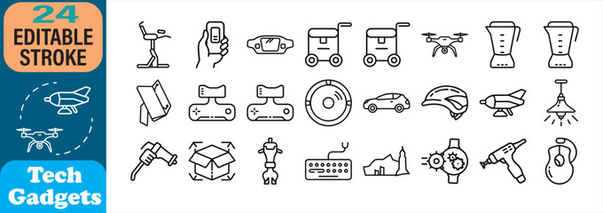 Collection of modern tech gadget icons featuring line art for communication and technology designs