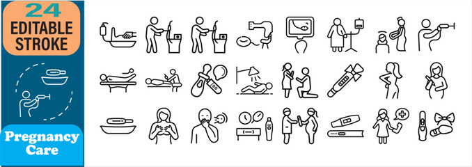 Collection of outline pregnancy care icons illustrating various aspects of prenatal health