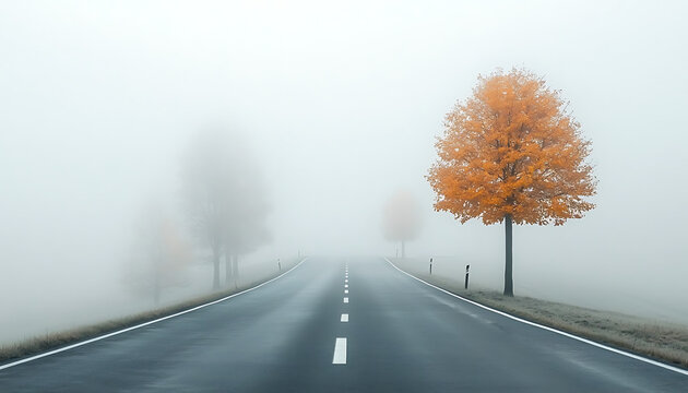 Autumn road with fog, and single tree.