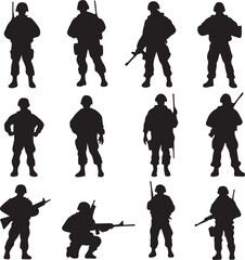 Silhouette Vector Art of Soldiers: Military Personnel in Various Poses with Rifles, Army Troops, War, and Armed Forces Graphics