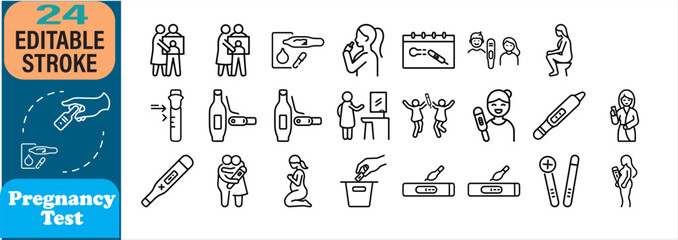 Line art vector icons illustrating pregnancy testing process and family planning concepts.