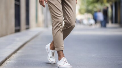 Stylish Man Walking in Beige Pants and White Sneakers on a City Street