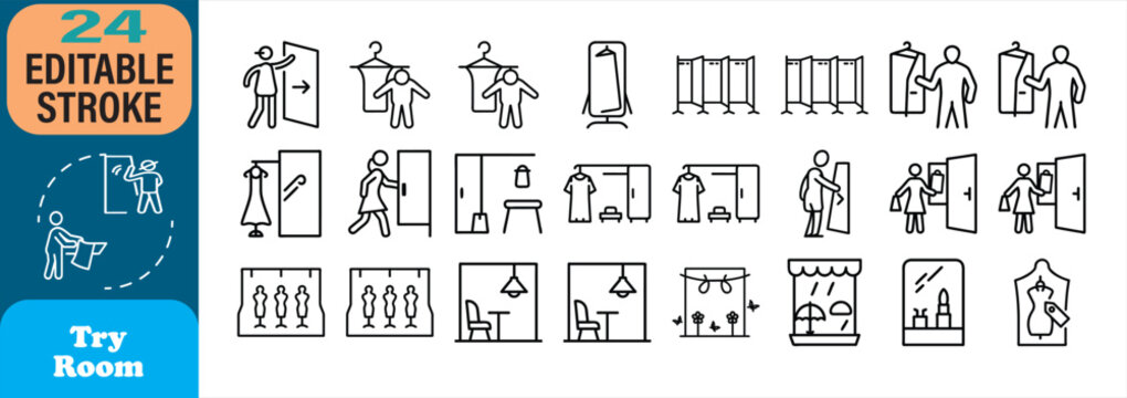 Set of twenty four editable try room icons in clean minimalist black outline style