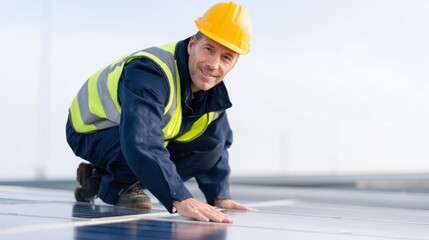 A skilled worker adjusts solar panels on a rooftop, showcasing dedication to sustainable energy