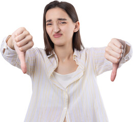 Young brunette in a blue tank top giving thumb down gesture looking with negative expression