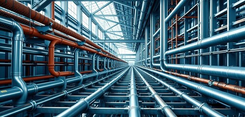 Fototapeta premium Abstract geometric pipeline grid, seamless metal texture pattern Industrial architectural background, manufacturing, metalwork