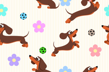 Cute dachshund with balls and flowers seamless pattern for fabric background decoration 