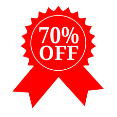 Seventy Percent Off Sale Red Ribbon Award Badge Design, Discount Label, Promotional Graphic, Clearance Sale