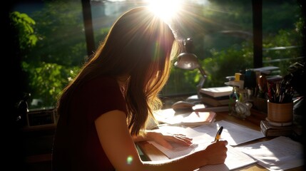 A woman is engaged in writing at a sunlit desk, surrounded by greenery. The warm light creates a serene atmosphere, emphasizing creativity and inspiration in a peaceful setting.