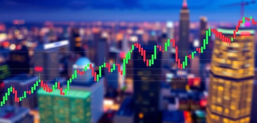 Naklejka premium Abstract financial chart with candlestick patterns overlaid on a blurred cityscape backdrop, illustrating stock market trends, profit, cityscape