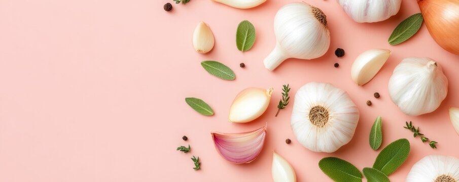 Minimalist flat lay composition featuring fresh garlic bulbs onions and various herbs like rosemary and thyme on a pastel coral colored background  This image showcases a clean simple