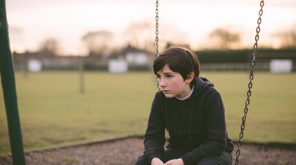 A young boy sits alone on a swing in a serene park setting