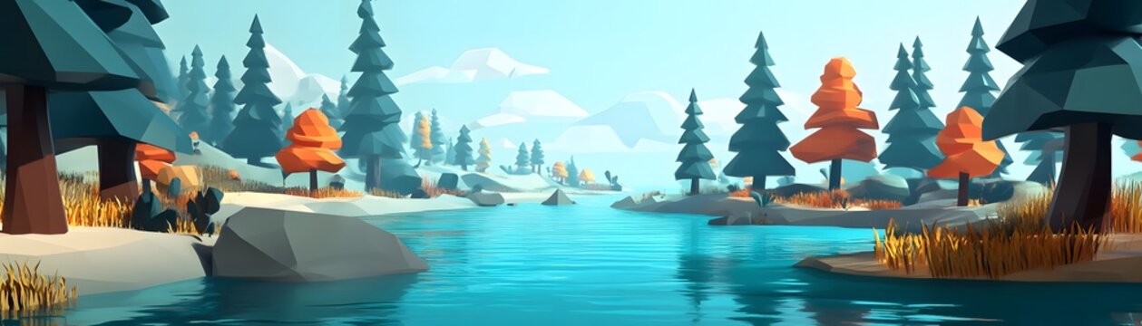 Colorful digital illustration of a tranquil forest scene.