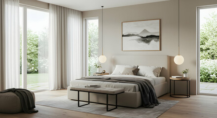 Fototapeta premium bedroom, minimalist, modern, Modern Minimalist Bedroom Interior Design with Garden View