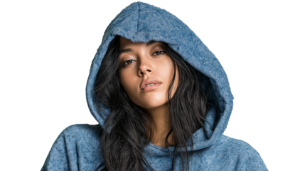 A Female model wearing a denim over sized hoodie, Transparent background