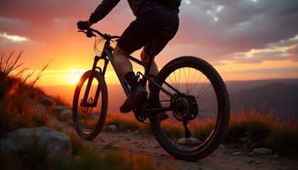 Obraz premium A person riding a mountain bike on a rocky trail during sunset