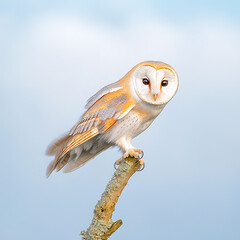 Barn Owl perched on branch with sky.