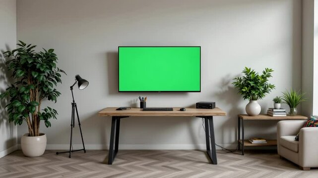 A modern home office with a wooden desk, large green screen monitor, plants, and minimalist decor.