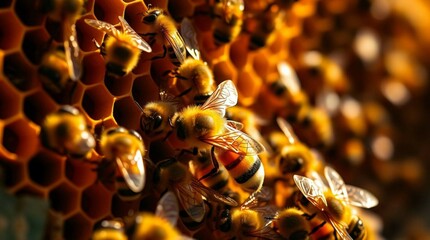 Close-up of bees working inside their hive, natural honeycomb structure, warm lighting, detailed wings, busy activity, organic environment