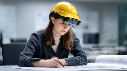 A young woman wearing a hard hat and augmented reality glasses focuses intently on architectural blueprints at a construction site, showcasing modern technology in engineering.