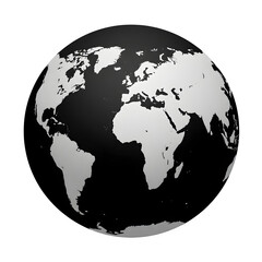 Obraz premium Minimalist black and white globe showing Africa, Europe, and the Americas, symbolizing global unity, geography, and modern design on a dark background. isolated on white or transparent background. PNG
