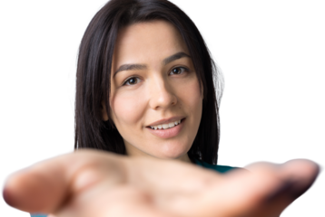 Portrait of attractive young woman wants to hug you, isolated on grey background.