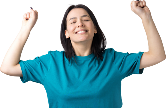 Close up portrait of attractive shouting in winning smiling with raised fists young she her girl wearing jeans shirt clothes isolated on grey background