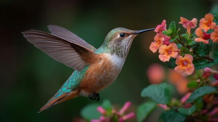 Fototapeta premium Hummingbird sips nectar from vibrant blossoms now