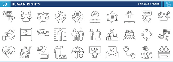 A set of line icons related to Human Rights. Right, banner, equality, equity, religion, war, conference, and so on. Vector editable stroke.