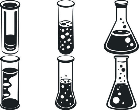 Vector silhouettes illustration of chemical laboratory glassware and liquid experiments