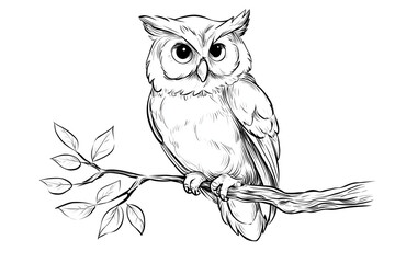 Obraz premium Illustration of an owl perched on a branch, showcasing detailed line art with a Isolated on transparent Background.