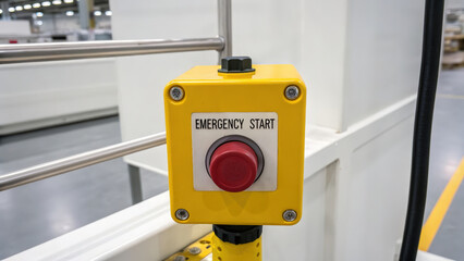 Bright Yellow Emergency Start Button on Industrial Machinery in Manufacturing Environment