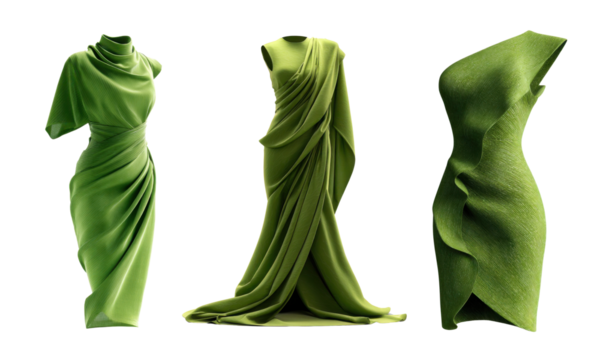 Three elegant green draped dresses.