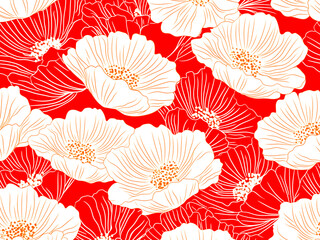 赤い背景に白とオレンジのラインアートポピーが咲き乱れるシームレスパターン