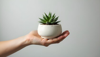 A hand holding a small succulent plant in a white pot