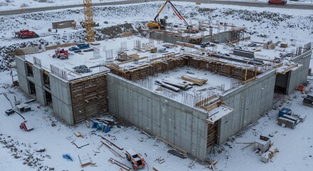 Aerial View of Building Under Construction in Winter