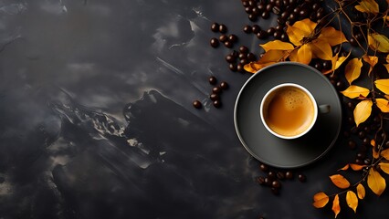 Espresso coffee cup autumnal setting with roasted coffee beans and yellow leaves decoration